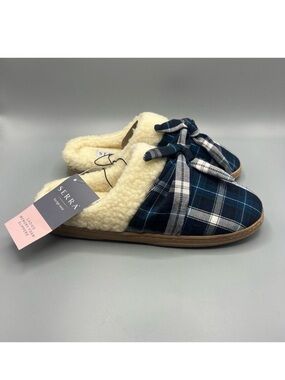 Serra Blue and Cream Plaid Memory Foam Slippers NWT